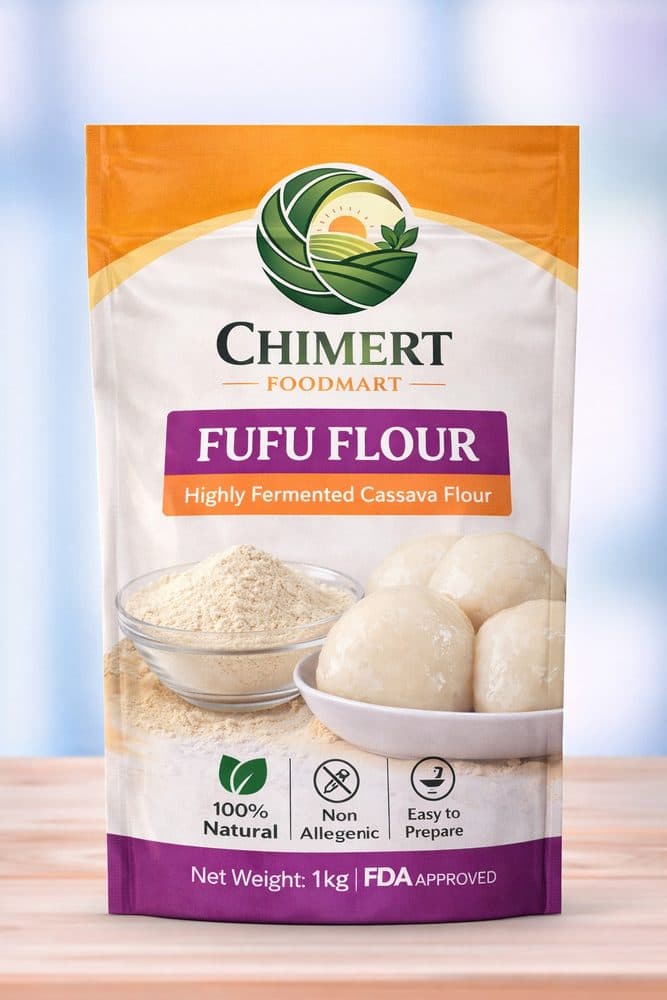 Chimert-branded fufu flour packaging, one of the real products sold through Food Mart